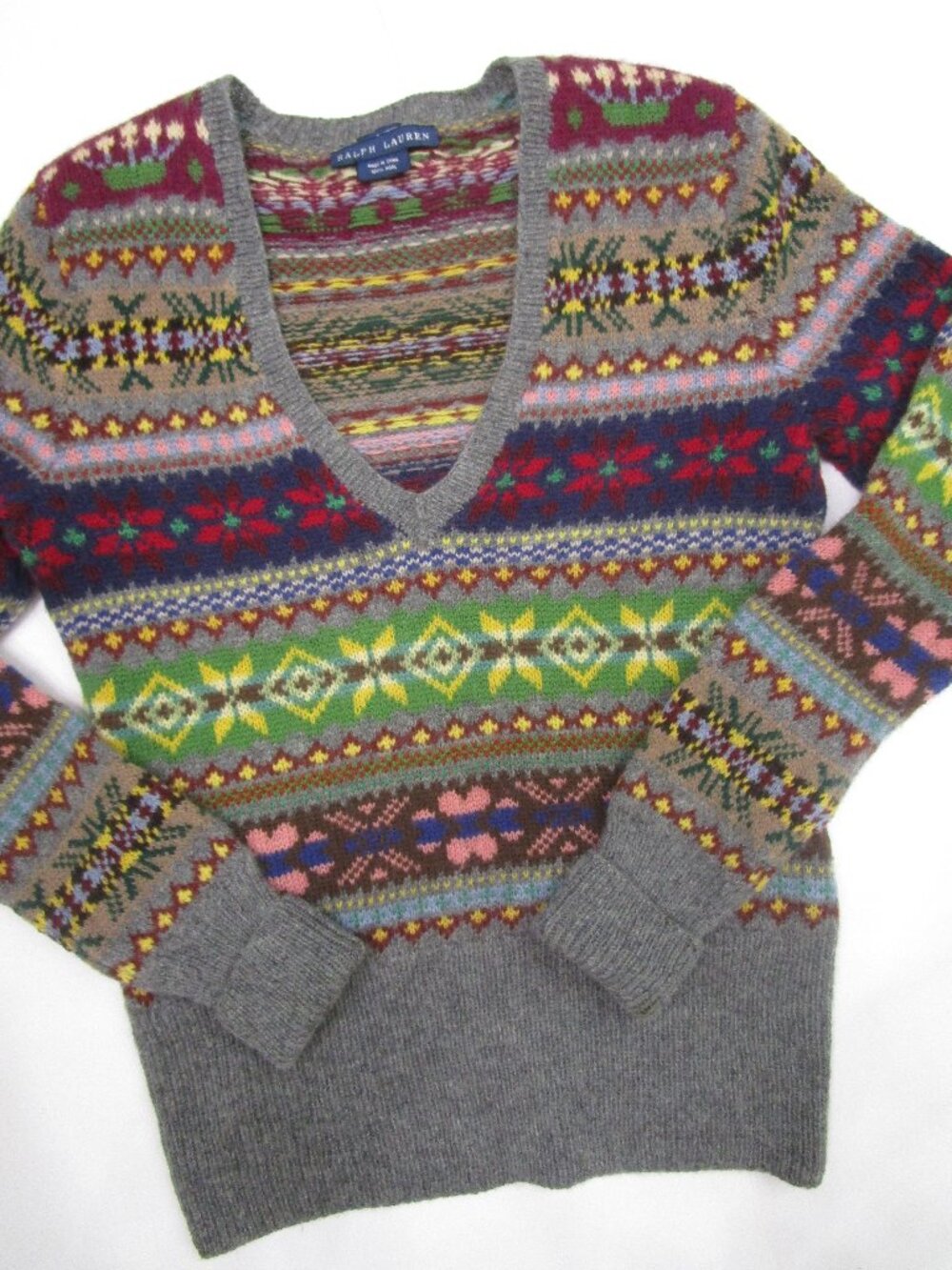 Fair Isle Nordic Pullover Knit Sweater Jumper V Neck
